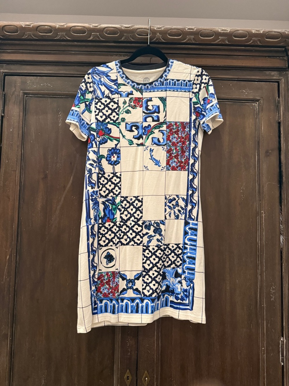 Tory Burch Blue, Cream & Red Patchwork Tile Short Sleeve Dress